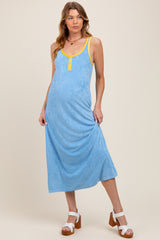 Light Blue Contrast Trim Terry Knit Sleeveless Maternity Dress