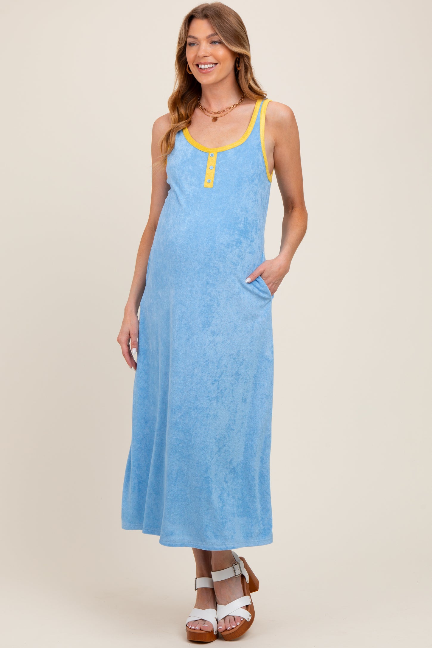 Light Blue Contrast Trim Terry Knit Sleeveless Maternity Dress