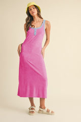 Fuchsia Contrast Trim Terry Knit Sleeveless Dress