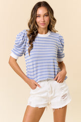 Blue Textured Stripe Puff Sleeve Maternity Top