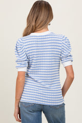 Blue Textured Stripe Puff Sleeve Maternity Top