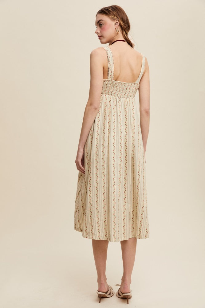 Light Olive Floral Embroidered Striped Midi Dress