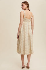 Light Olive Floral Embroidered Striped Midi Dress