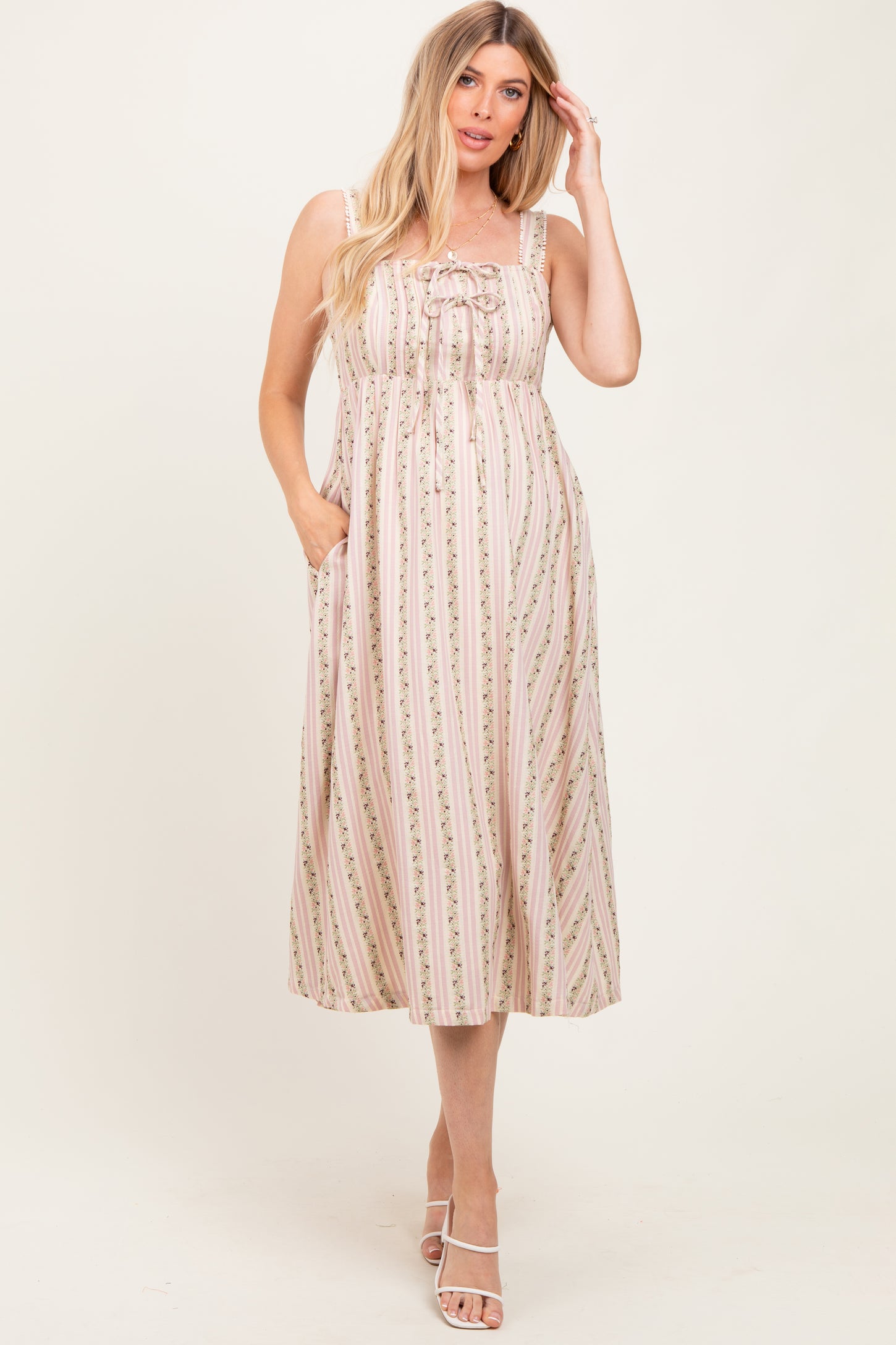 Pink Floral Embroidered Striped Maternity Midi Dress