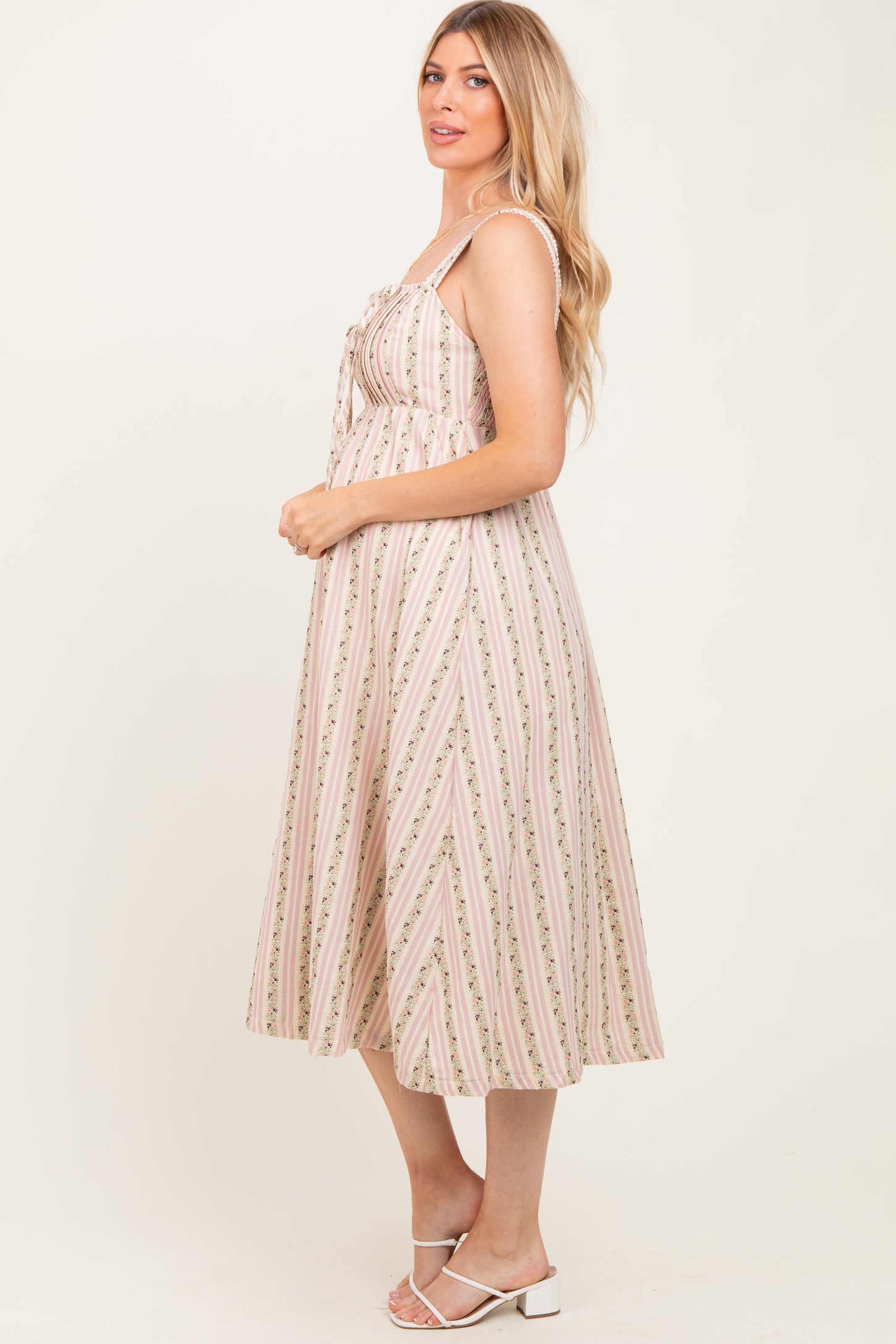 Pink Floral Embroidered Striped Maternity Midi Dress