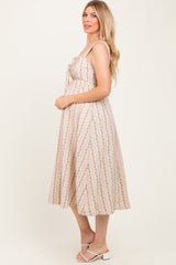 Pink Floral Embroidered Striped Maternity Midi Dress