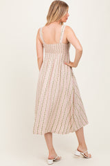 Pink Floral Embroidered Striped Maternity Midi Dress