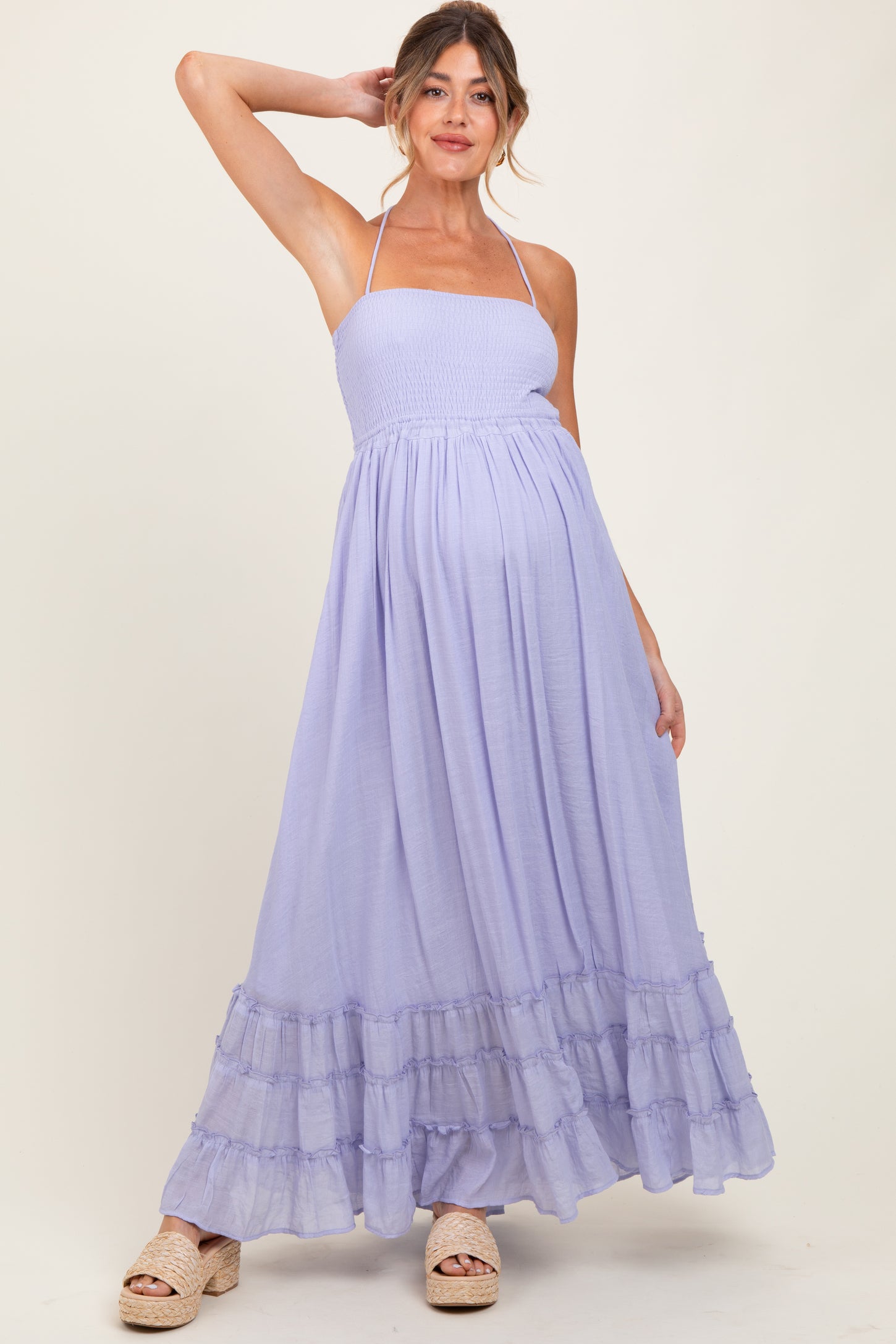 Lavender Halter Neck Smocked Tiered Hem Maternity Maxi Dress
