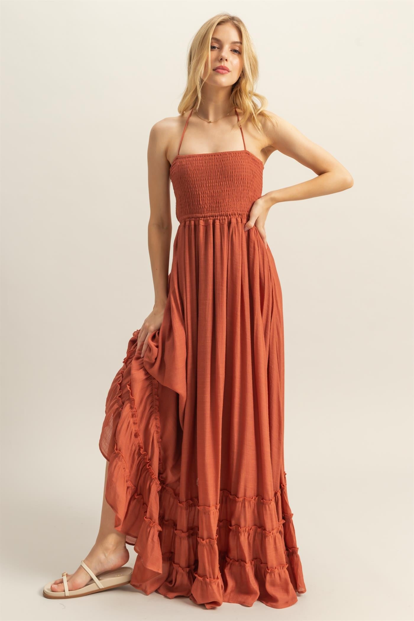 Rust Halter Neck Smocked Tiered Hem Maxi Dress