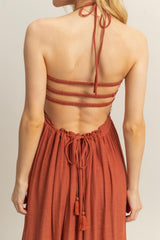 Rust Halter Neck Smocked Tiered Hem Maxi Dress