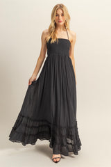 Black Halter Neck Smocked Tiered Hem Maxi Dress
