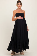 Black Halter Neck Smocked Tiered Hem Maternity Maxi Dress