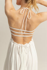 White Halter Neck Smocked Tiered Hem Maxi Dress