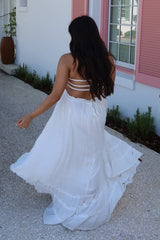 White Halter Neck Smocked Tiered Hem Maternity Maxi Dress