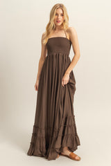 Brown Halter Neck Smocked Tiered Hem Maxi Dress