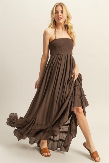 Brown Halter Neck Smocked Tiered Hem Maxi Dress