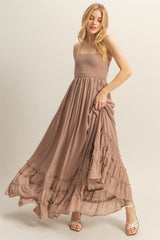 Taupe Halter Neck Smocked Tiered Hem Maxi Dress