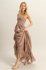 Taupe Halter Neck Smocked Tiered Hem Maxi Dress