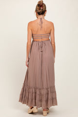 Taupe Halter Neck Smocked Tiered Hem Maternity Maxi Dress
