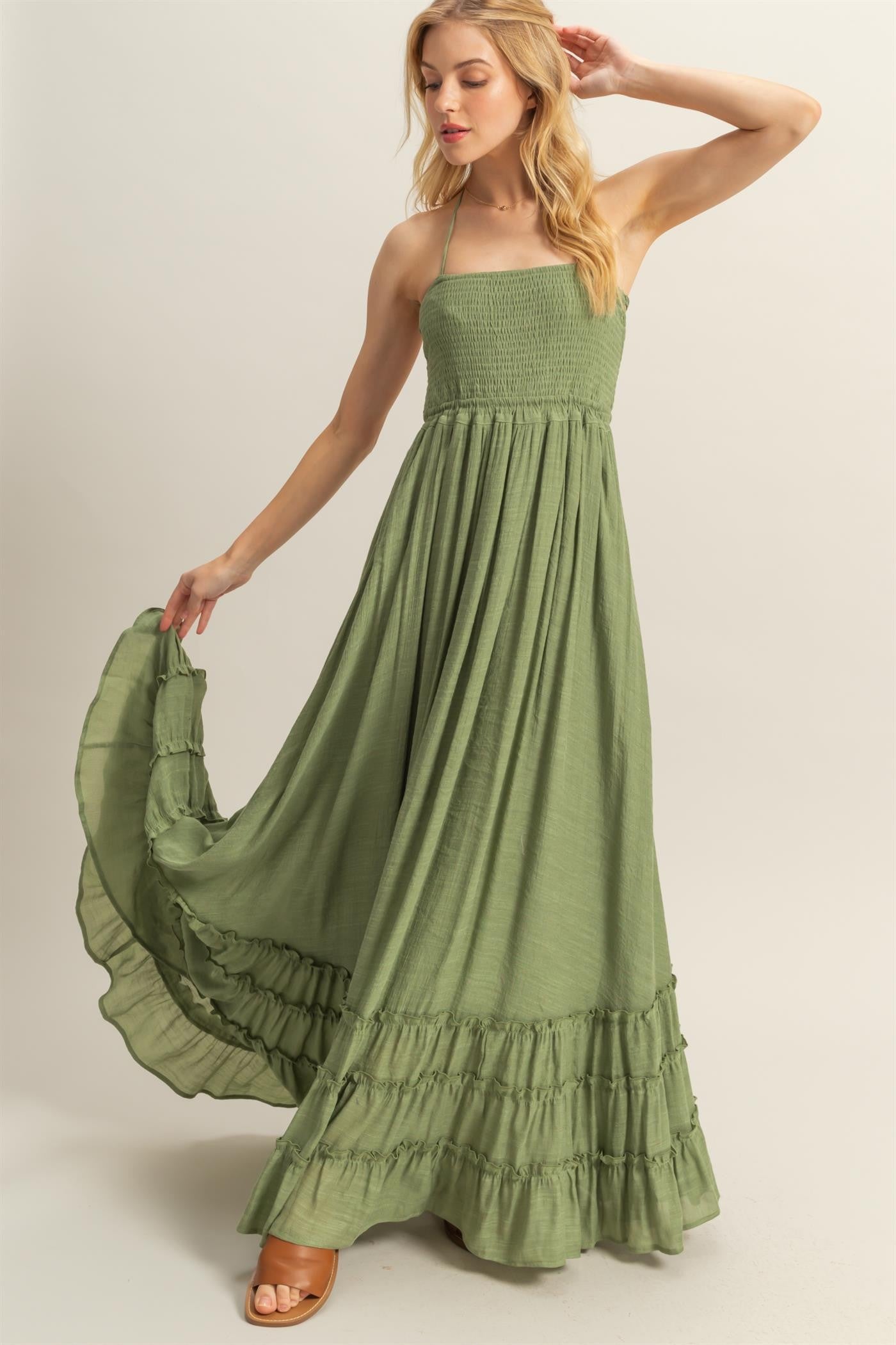 Light Olive Halter Neck Smocked Tiered Hem Maxi Dress