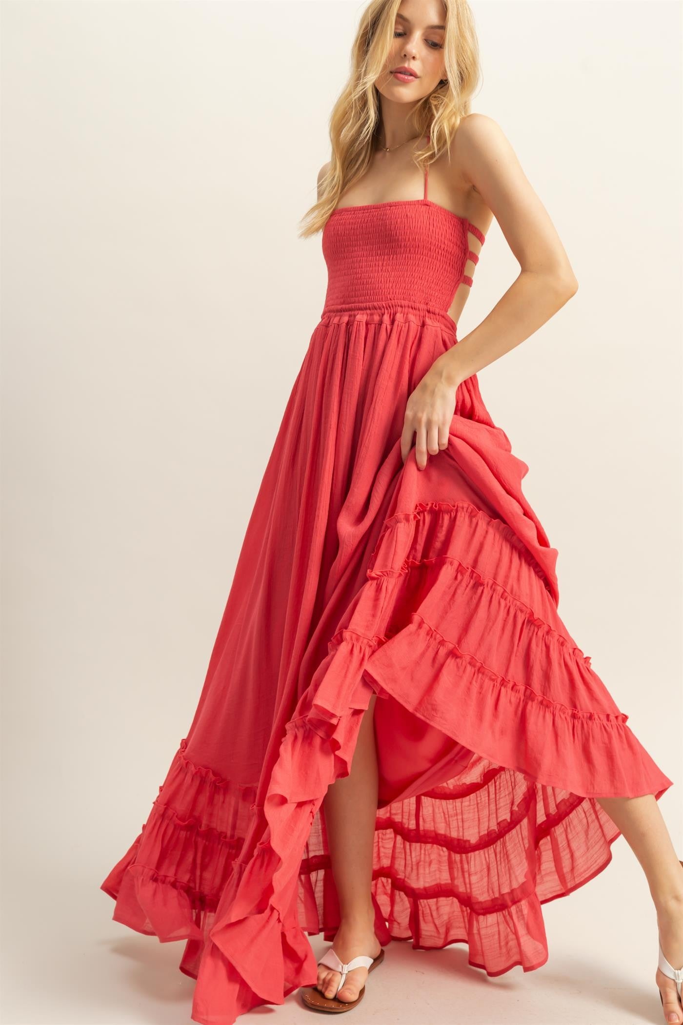 Coral Halter Neck Smocked Tiered Hem Maternity Maxi Dress