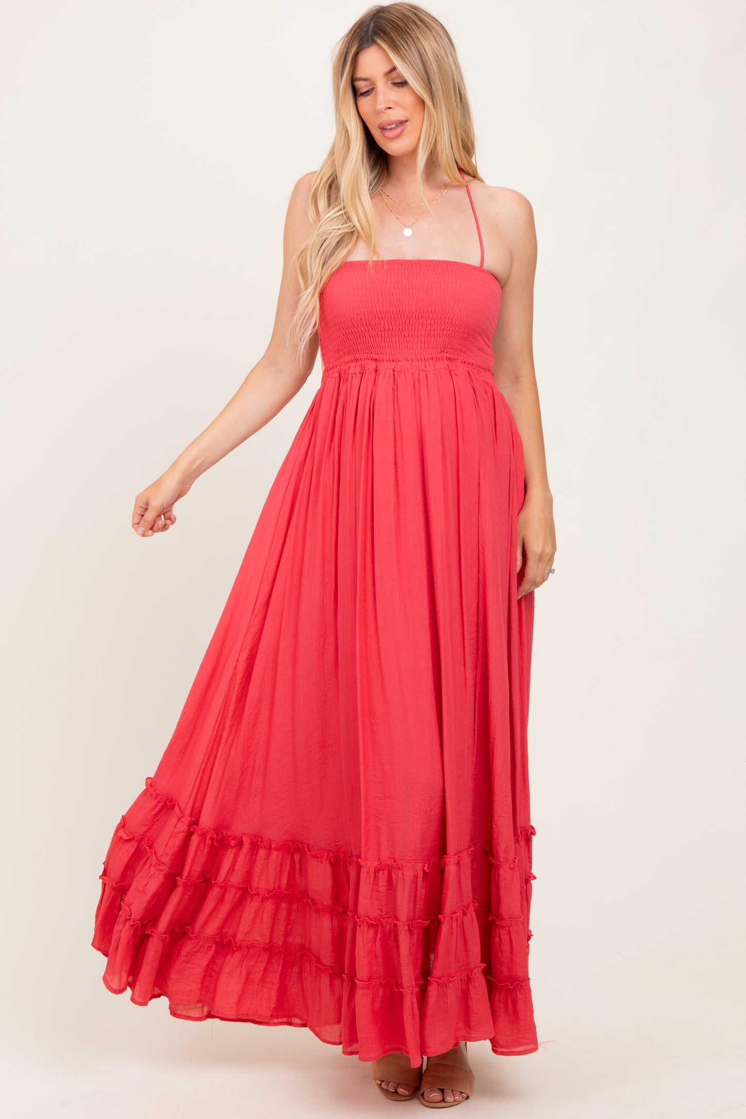 Coral Halter Neck Smocked Tiered Hem Maternity Maxi Dress