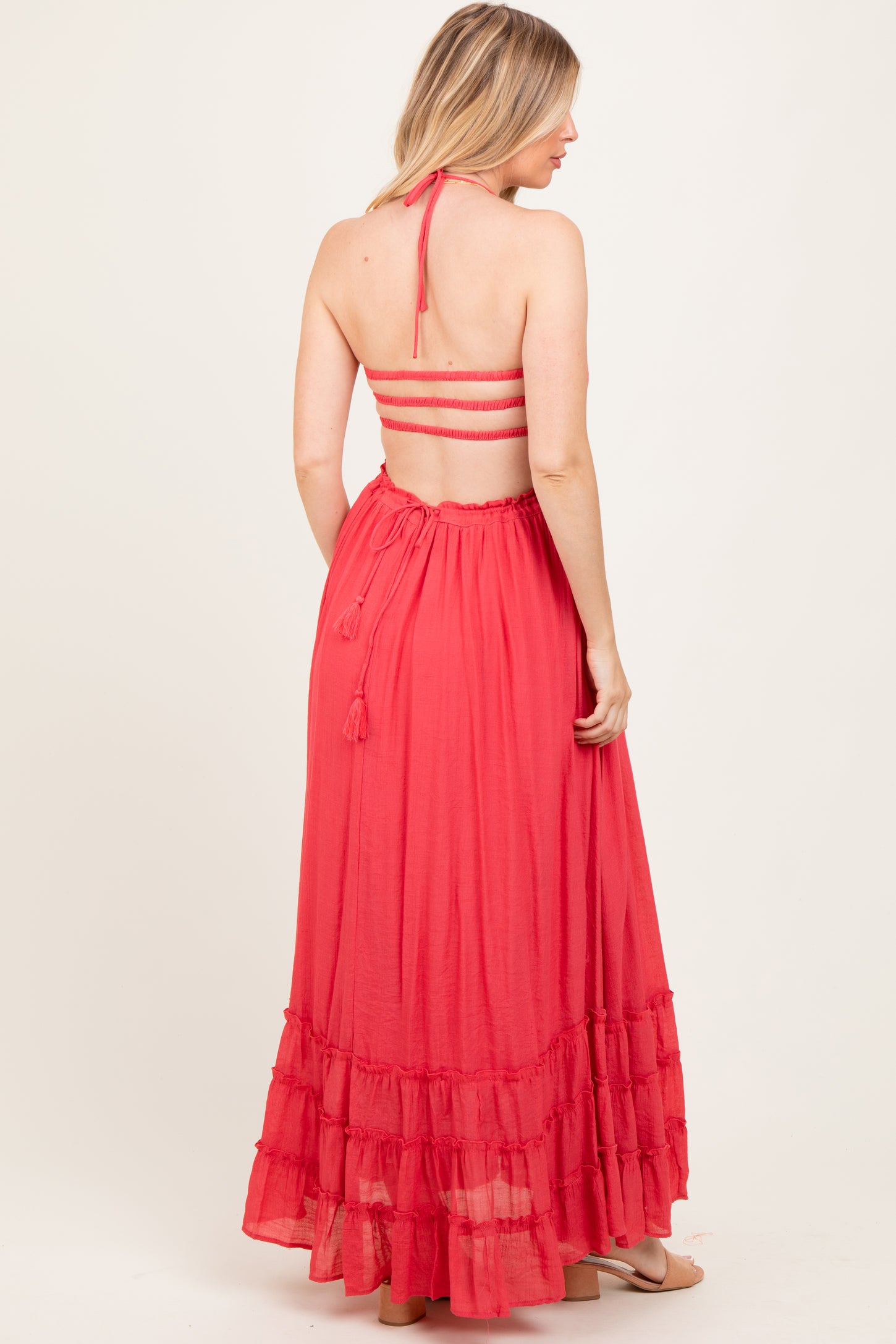 Coral Halter Neck Smocked Tiered Hem Maternity Maxi Dress