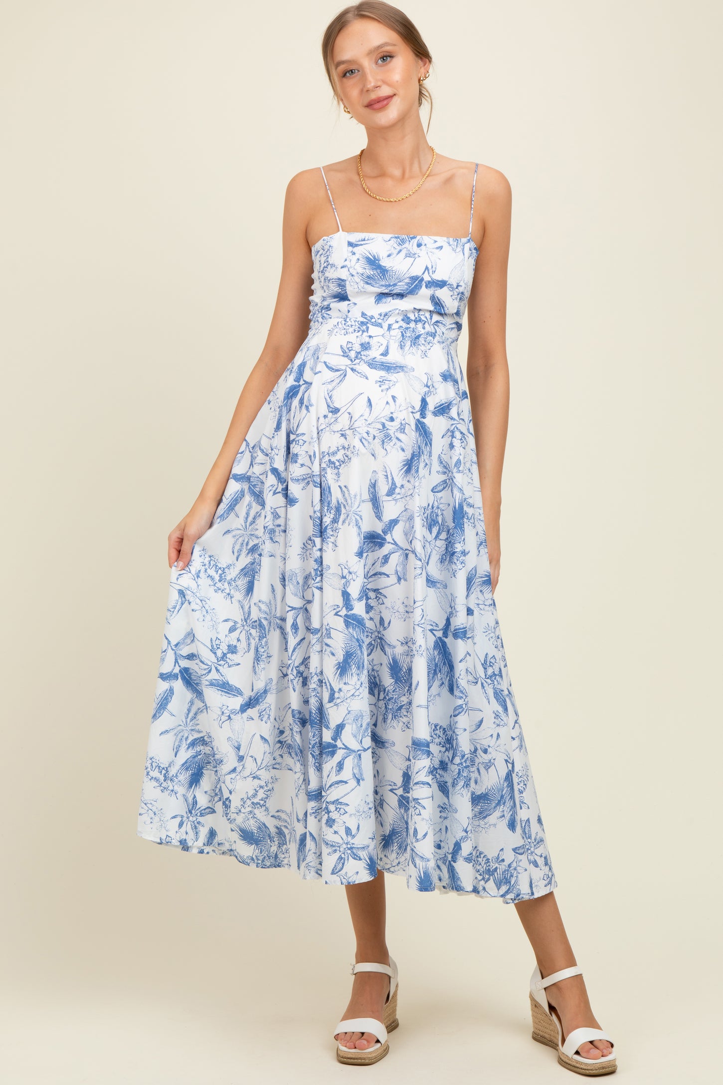 Blue Spaghetti Strap Printed A-Line Maternity Midi Dress