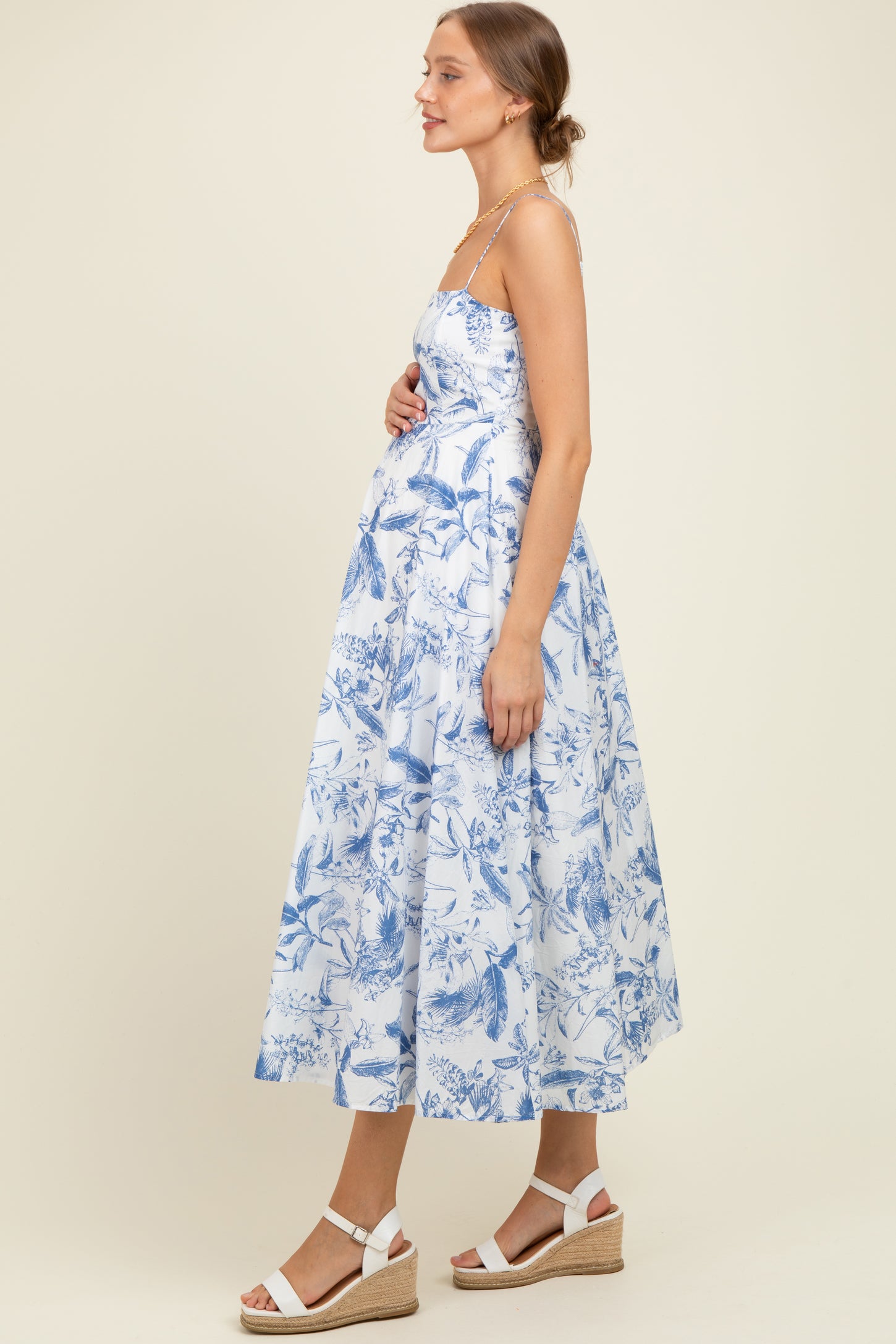 Blue Spaghetti Strap Printed A-Line Maternity Midi Dress
