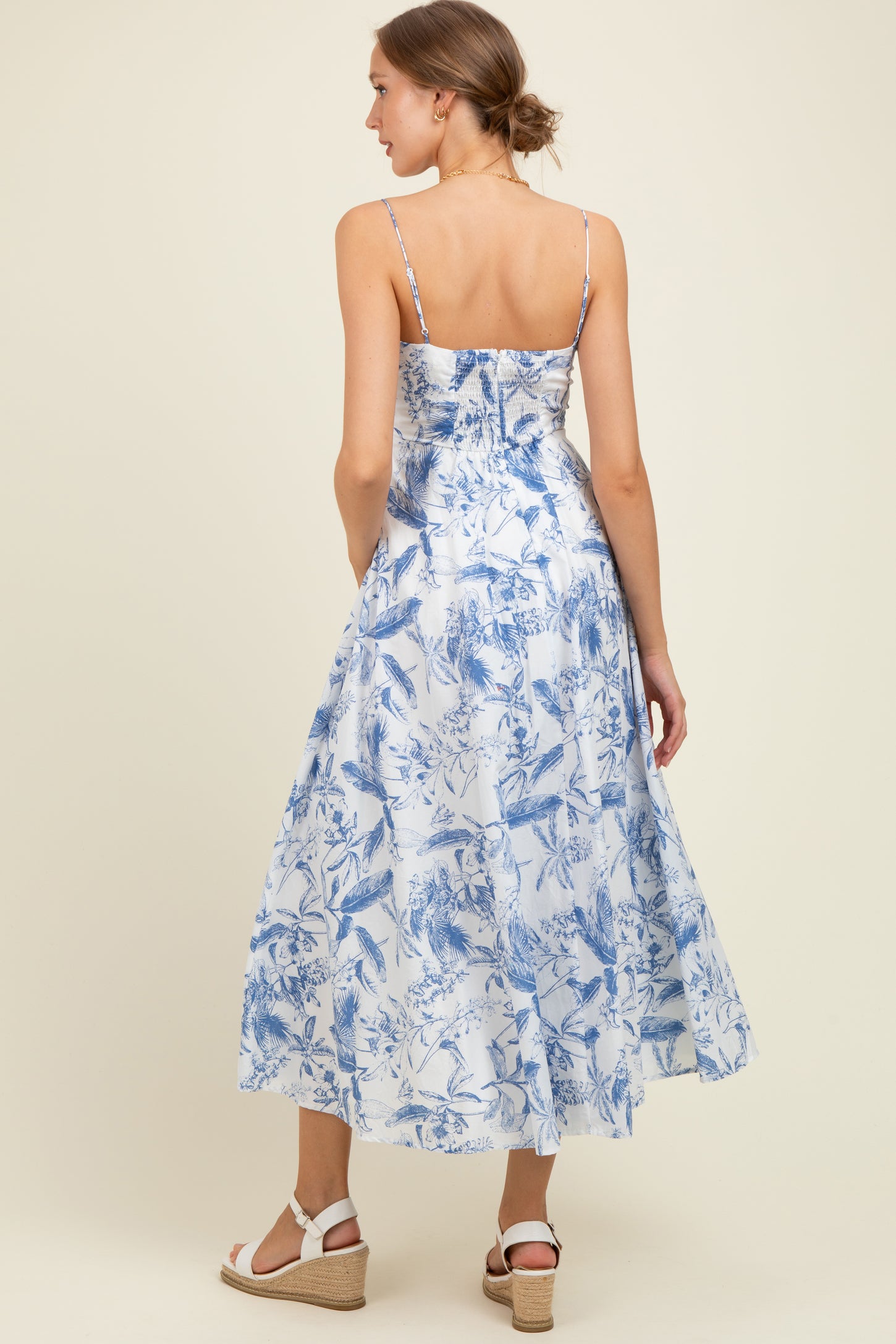 Blue Spaghetti Strap Printed A-Line Maternity Midi Dress