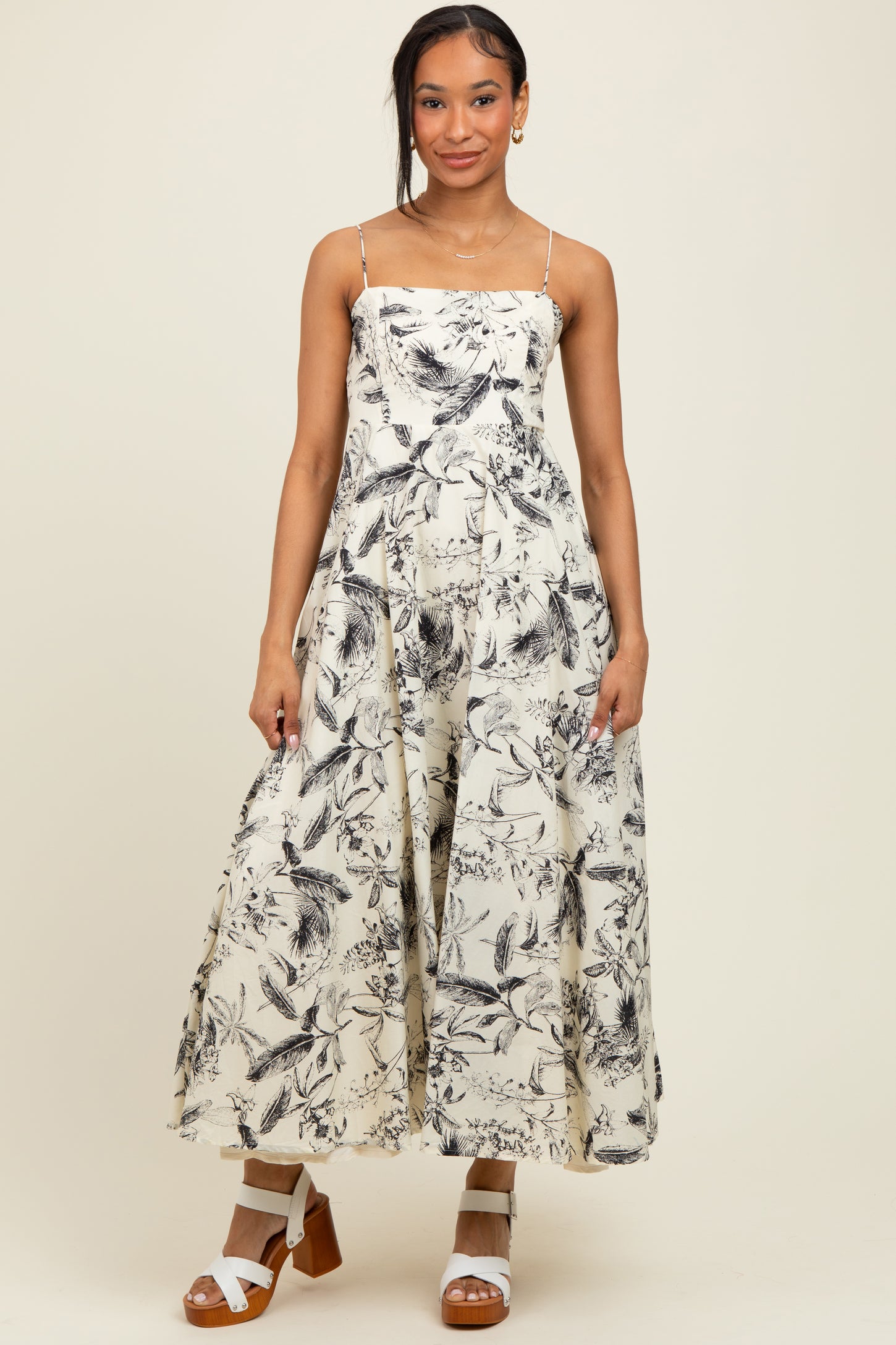 Cream Spaghetti Strap Printed A-Line Midi Dress