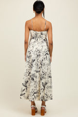 Cream Spaghetti Strap Printed A-Line Midi Dress
