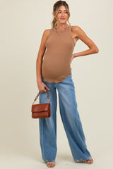 Blue Distressed Hem Super Wide Leg Maternity Jeans