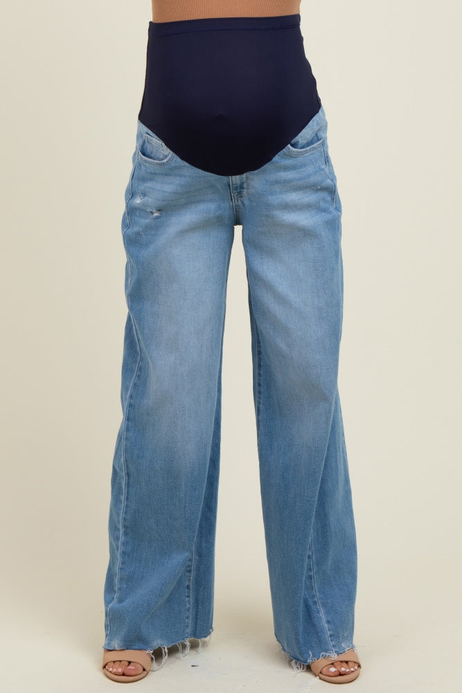 Blue Distressed Hem Super Wide Leg Maternity Jeans