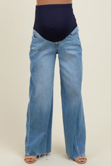 Blue Distressed Hem Super Wide Leg Maternity Jeans