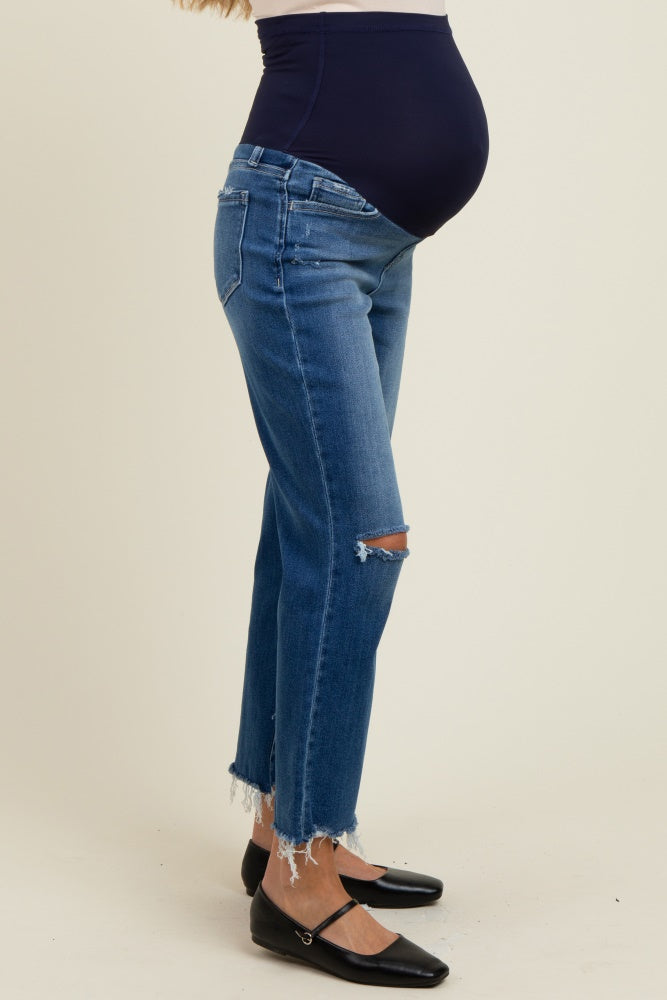 Navy Distressed Open Knee Cropped Straight Leg Maternity Jeans