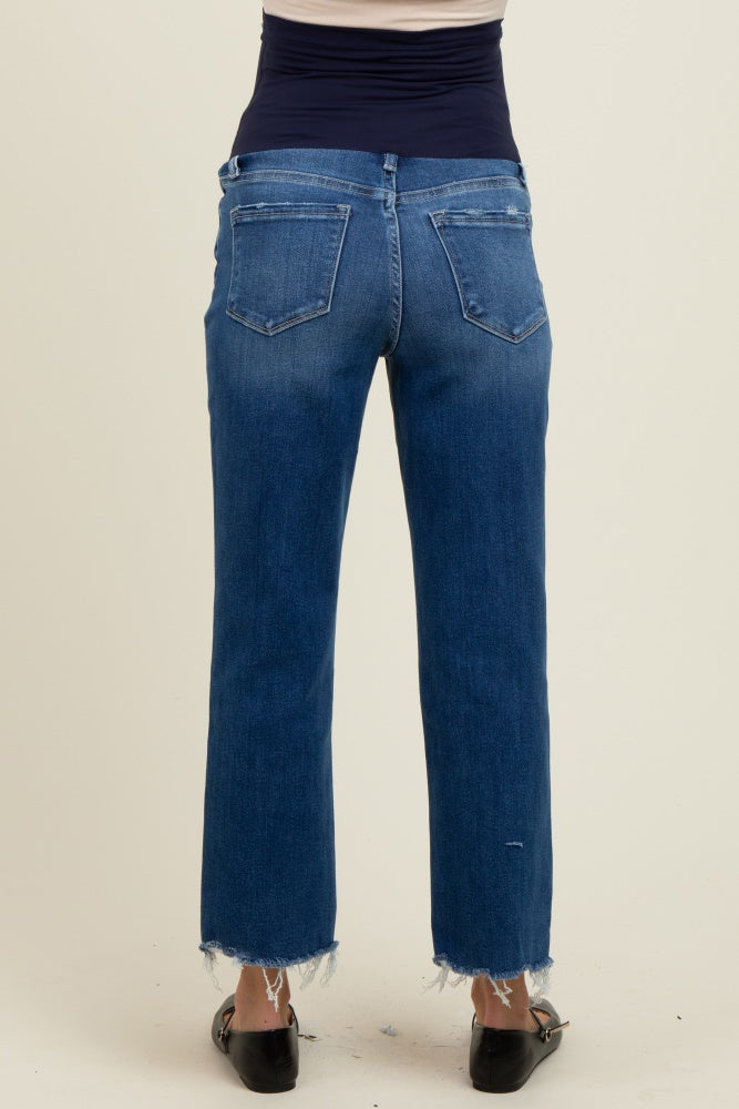 Navy Distressed Open Knee Cropped Straight Leg Maternity Jeans