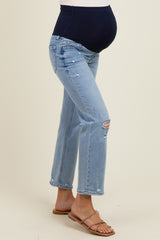 Light Blue Distressed Open Knee Ankle Straight Leg Jeans