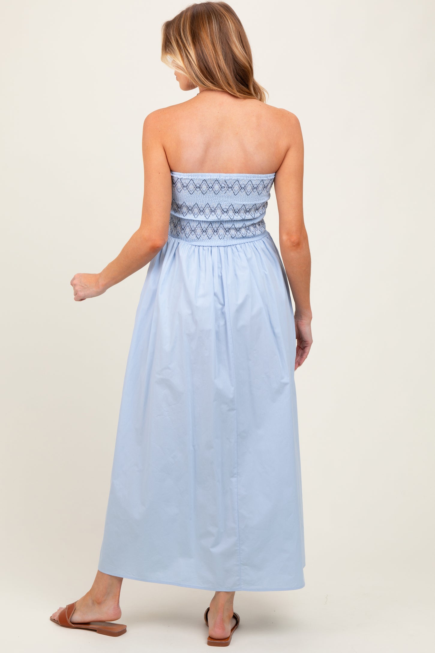 Light Blue Embroidered Strapless Smocked Bodice Flared Maternity Midi Dress