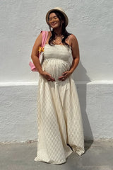 Beige Striped Sleeveless Smocked Poplin Maternity Maxi Dress