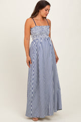 Navy Striped Sleeveless Smocked Poplin Maternity Maxi Dress