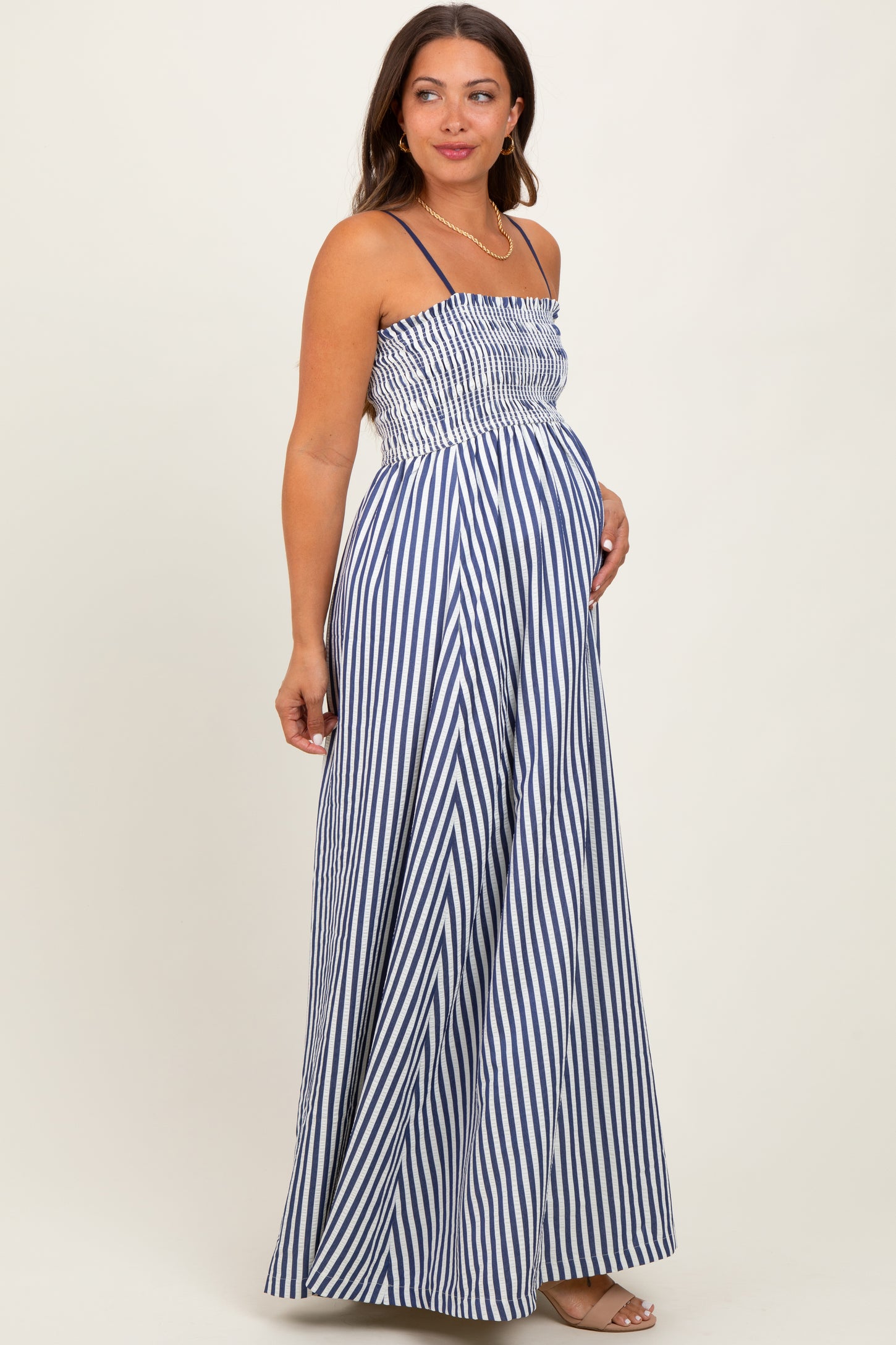 Navy Striped Sleeveless Smocked Poplin Maternity Maxi Dress