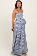 Navy Striped Sleeveless Smocked Poplin Maternity Maxi Dress