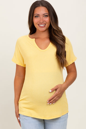 Yellow Ribbed Notched Neckline Maternity Top
