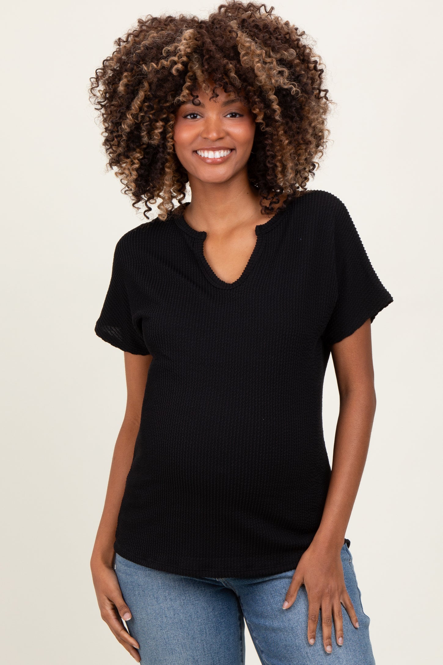 Black Ribbed Notched Neckline Maternity Top