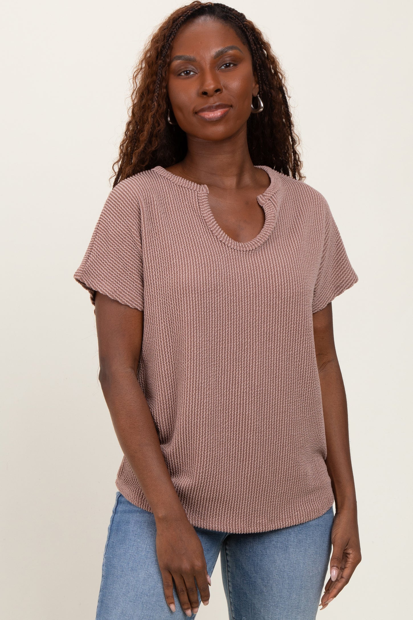 Mocha Ribbed Notched Neckline Top