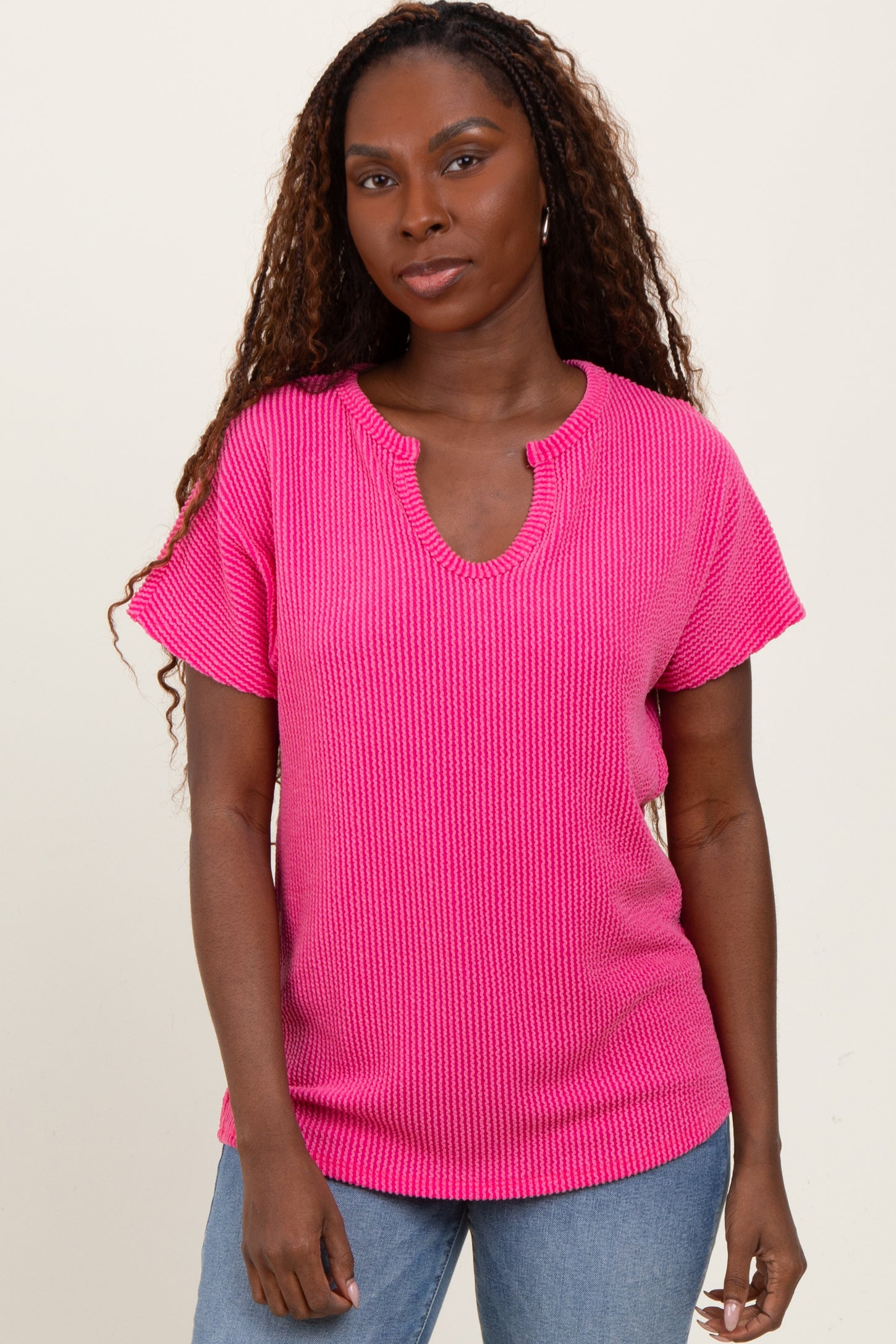 Fuchsia Ribbed Notched Neckline Maternity Top