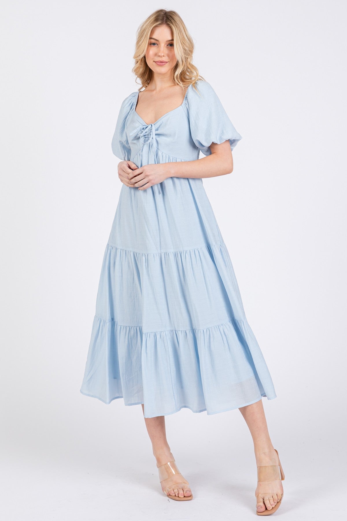 Light Blue Cinched Front Tie Puff Sleeve Maternity Midi Dress