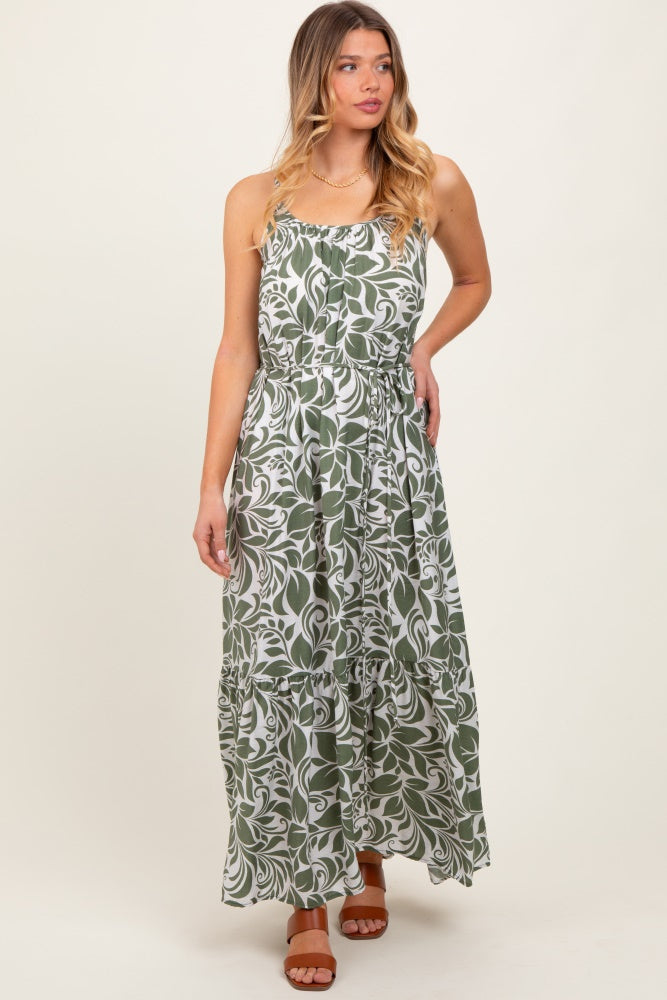 Olive Floral Waist Tie Maxi Dress