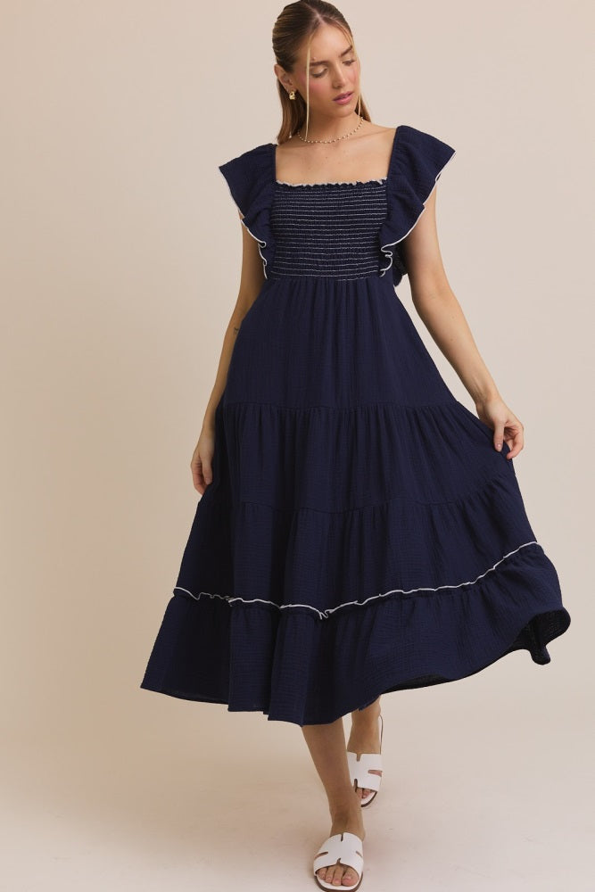 Navy Smocked Ruffle Sleeve Midi Dress